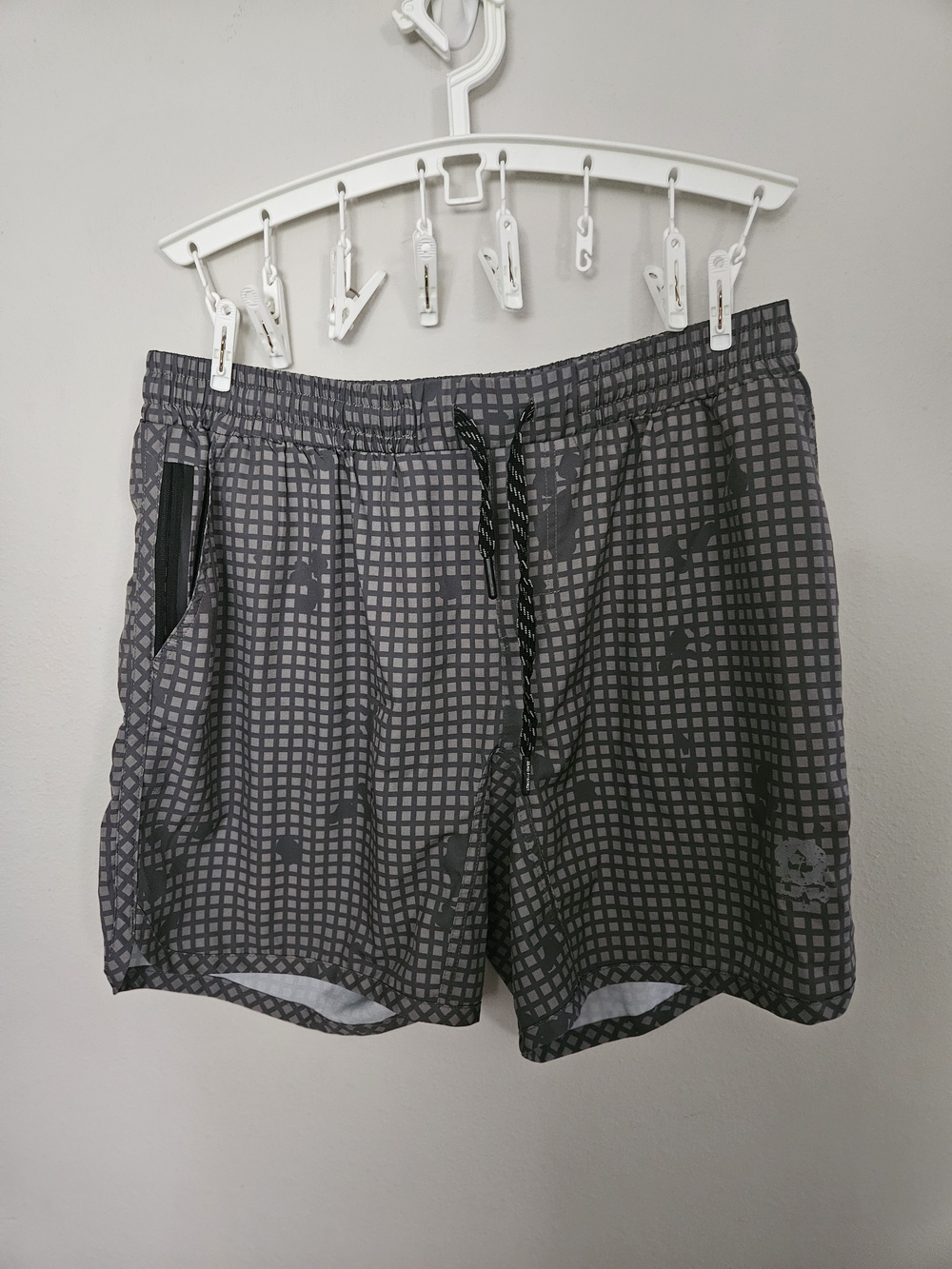 Zero Foxtrot Men's Gray Check Swim Trunks with Drawstring Waist